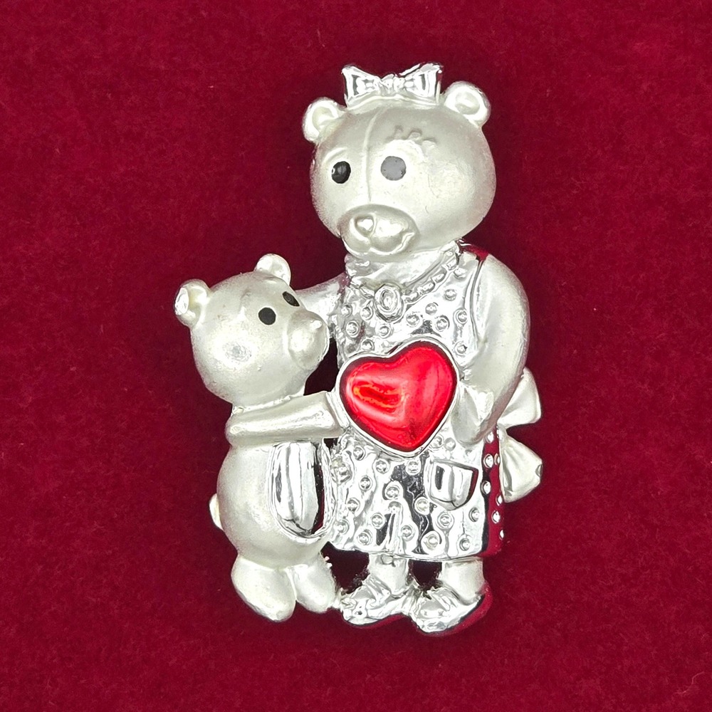 Danecraft Silver Tone‎ Mother and Cub Teddy Bear Red Heart Brooch Pin Vintage